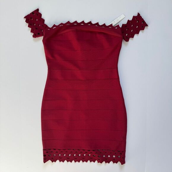 Susana Monaco Burgundy Red Bandage Eyelet Off Shoulder Dress Size Medium NWT - Picture 2 of 6